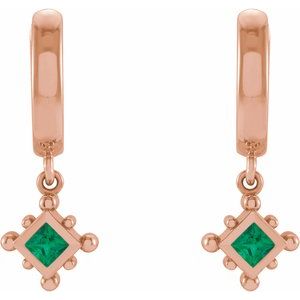 14K Rose Gold Natural Emerald Beaded Bezel-Set Hoop Earrings – image 2