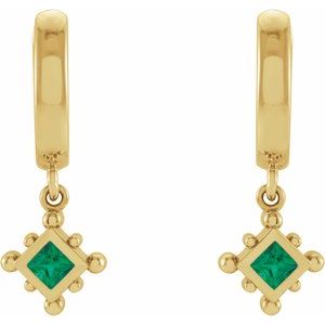 14K Yellow Gold Natural Emerald Beaded Bezel-Set Hoop Earrings – image 2