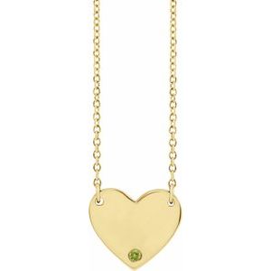 14K Yellow Gold Natural Peridot Engravable Heart 18" Necklace