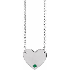 Sterling Silver Natural Emerald Engravable Heart 18" Necklace
