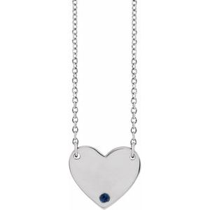 Platinum Natural Blue Sapphire Engravable Heart 18" Necklace