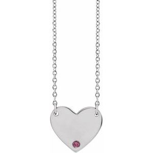 Platinum Natural Pink Tourmaline Engravable Heart 18" Necklace