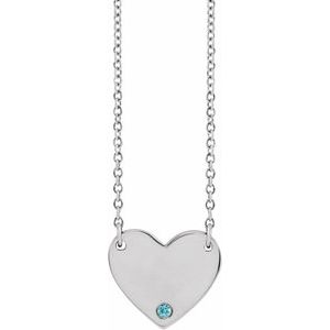 Sterling Silver Natural Blue Zircon Engravable Heart 18" Necklace