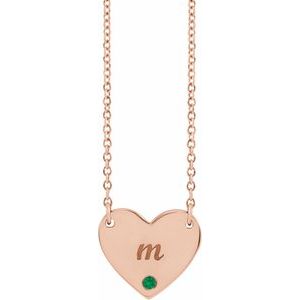14K Rose Gold Natural Emerald Engravable Heart 18" Necklace