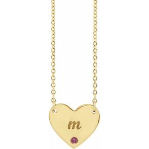 14K Yellow Gold Natural Pink Tourmaline Engravable Heart 18" Necklace