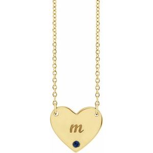 14K Yellow Gold Natural Blue Sapphire Engravable Heart 18" Necklace