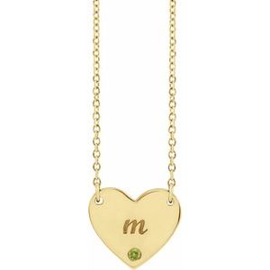 14K Yellow Gold Natural Peridot Engravable Heart 18" Necklace