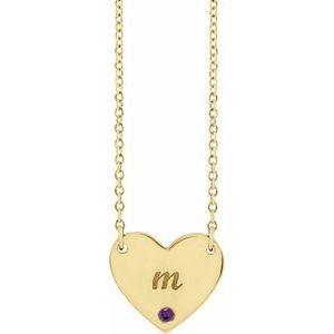 14K Yellow Gold Natural Amethyst Engravable Heart 18" Necklace