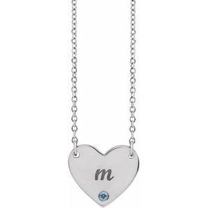 Sterling Silver Natural Aquamarine Engravable Heart 18" Necklace