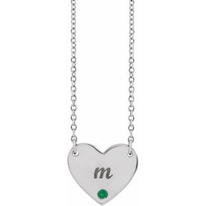 Sterling Silver Lab-Grown Emerald Engravable Heart 18" Necklace