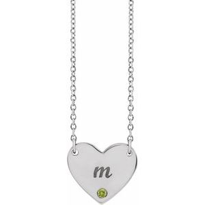 Sterling Silver Natural Peridot Engravable Heart 18" Necklace