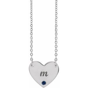 Platinum Natural Blue Sapphire Engravable Heart 18" Necklace