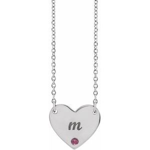 Sterling Silver Natural Pink Tourmaline Engravable Heart 18" Necklace