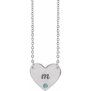 Platinum Natural Blue Zircon Engravable Heart 18" Necklace