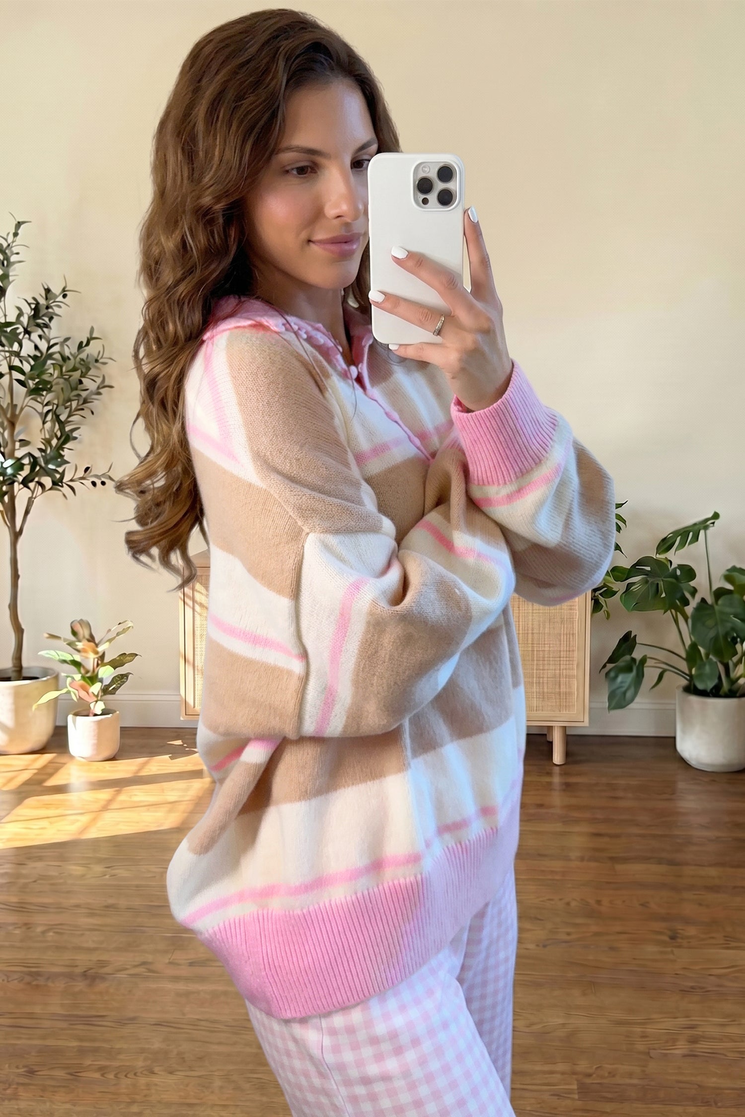 Stripe Colorblock Buttoned Collar Drop Shoulder Sweater