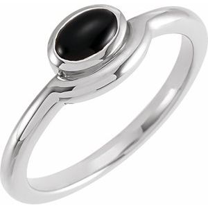 14K White Gold Natural Black Onyx Bezel-Set Cabochon Ring