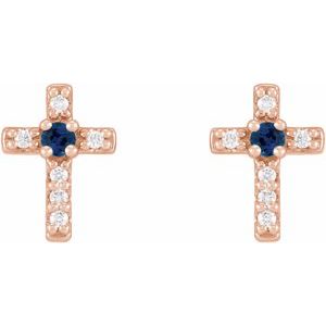 14K Rose Gold Natural Blue Sapphire & .03 CTW Natural Diamond Cross Earrings – image 2