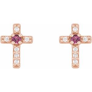 14K Rose Gold Natural Pink Tourmaline & .03 CTW Natural Diamond Cross Earrings – image 2