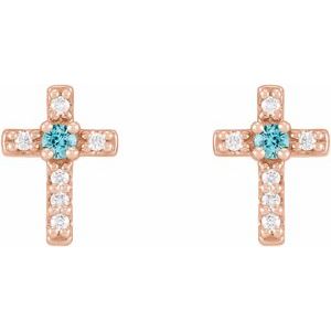 14K Rose Gold Natural Blue Zircon & .03 CTW Natural Diamond Cross Earrings – image 2