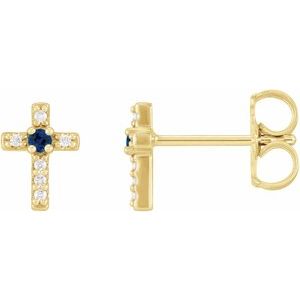 14K Yellow Gold Natural Blue Sapphire & .03 CTW Natural Diamond Cross Earrings