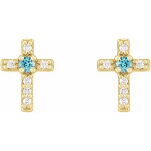 14K Yellow Gold Natural Blue Zircon & .03 CTW Natural Diamond Cross Earrings