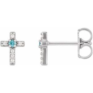 14K White Gold Natural Blue Zircon & .03 CTW Natural Diamond Cross Earrings