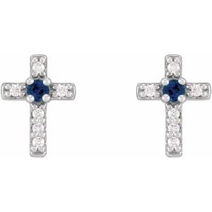14K White Gold Natural Blue Sapphire & .03 CTW Natural Diamond Cross Earrings – image 2