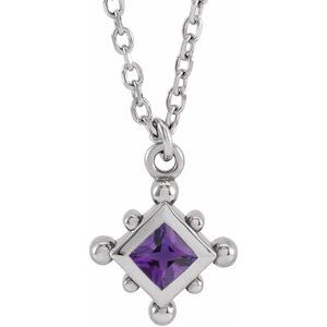 14K White Gold Natural Amethyst Bezel-Set Beaded 16-18" Necklace