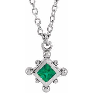 14K White Gold Natural Emerald Bezel-Set Beaded 16-18" Necklace