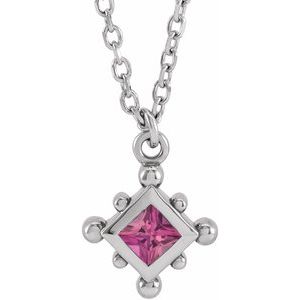 14K White Gold Natural Pink Tourmaline Bezel-Set Beaded 16-18" Necklace