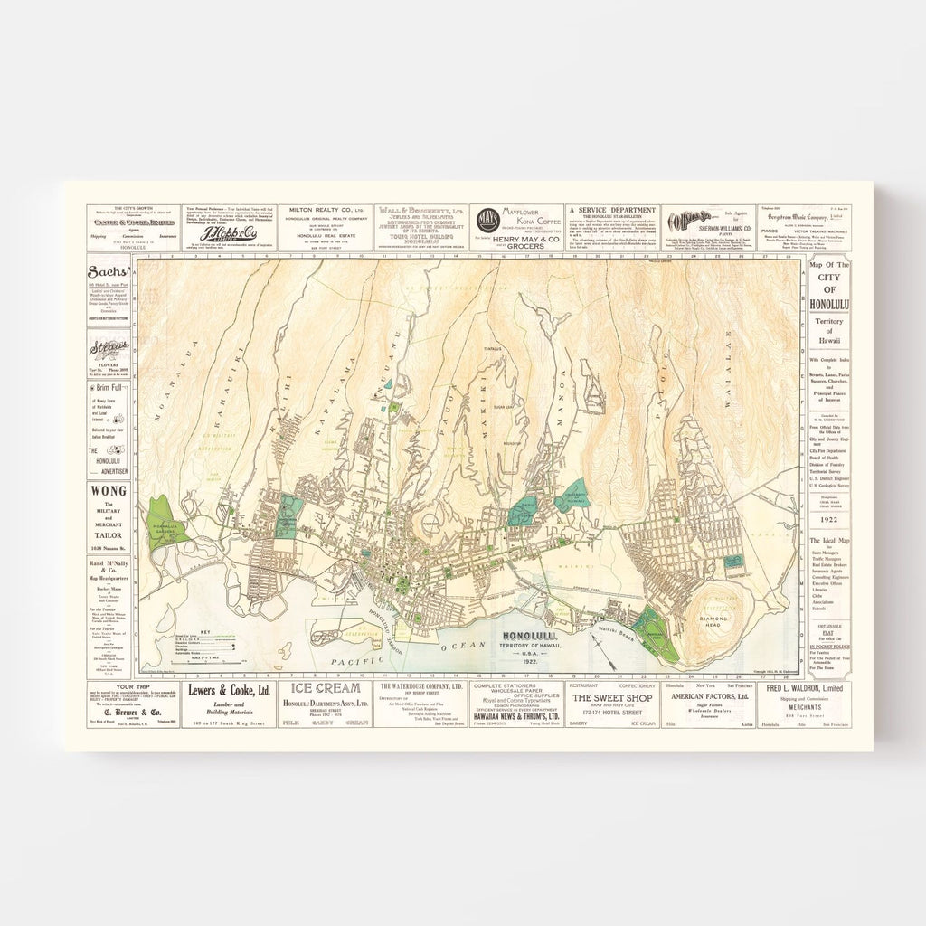 Vintage Map of Honolulu, Hawaii 1922