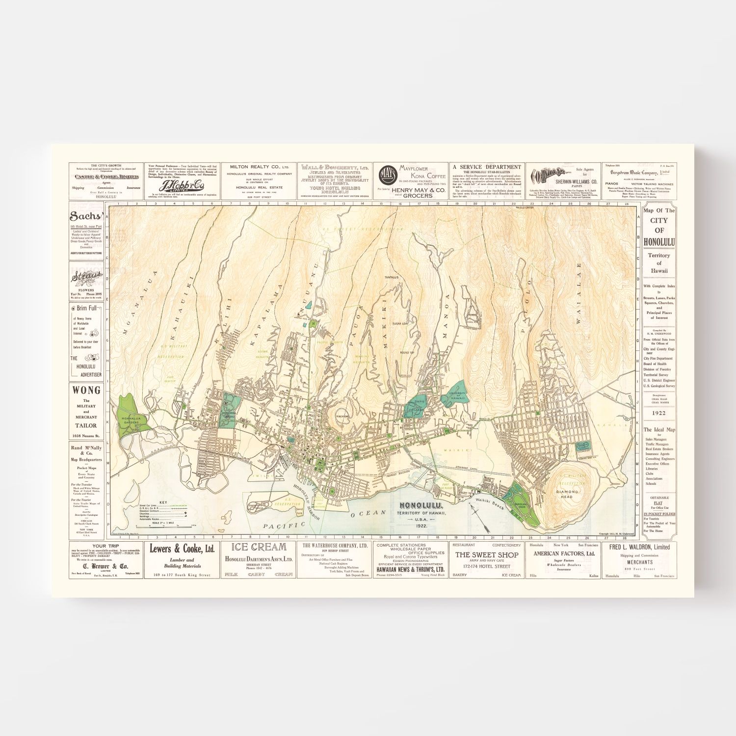 Vintage Map of Honolulu, Hawaii 1922
