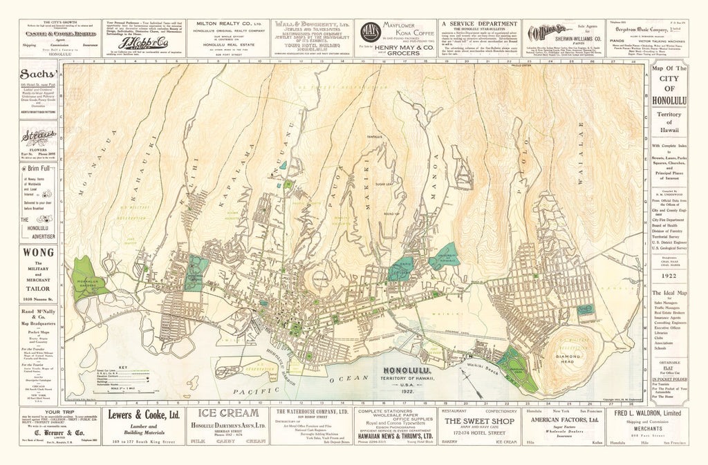 Vintage Map of Honolulu, Hawaii 1922
