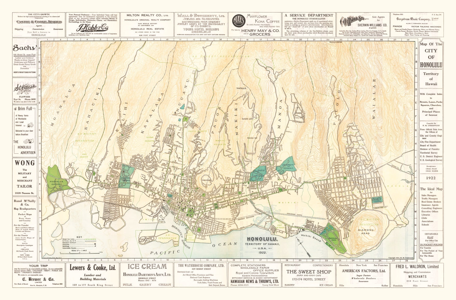 Vintage Map of Honolulu, Hawaii 1922