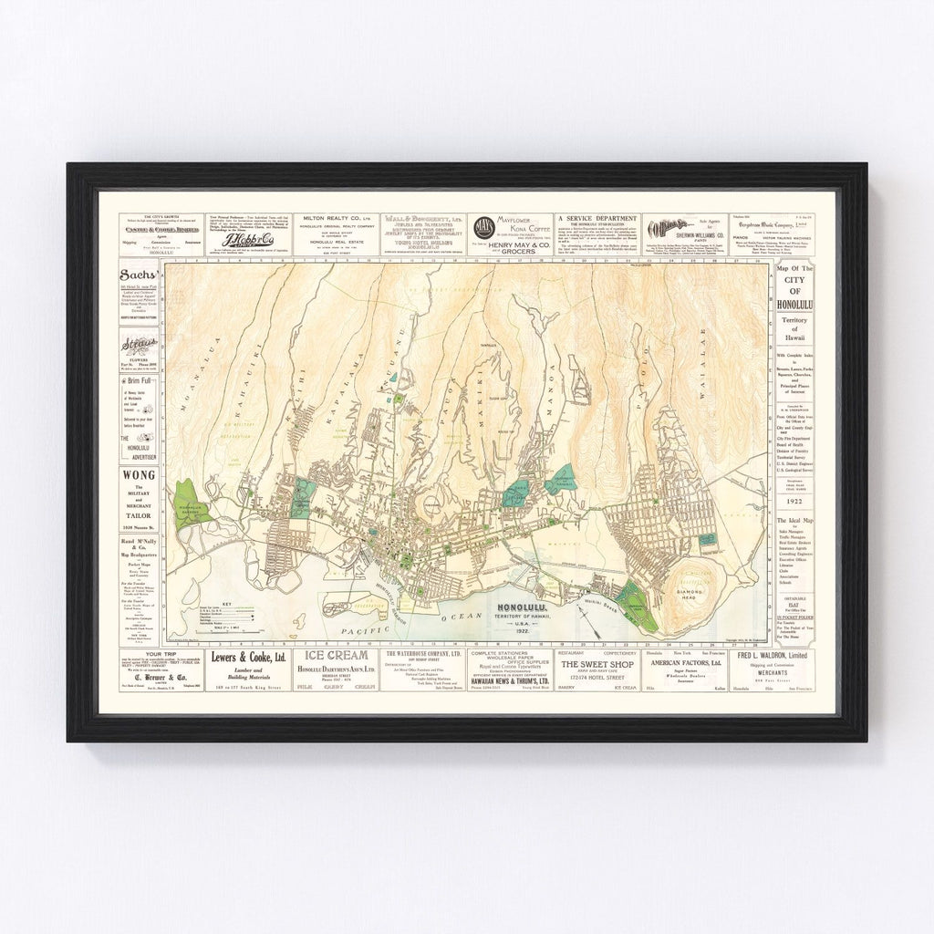 Vintage Map of Honolulu, Hawaii 1922