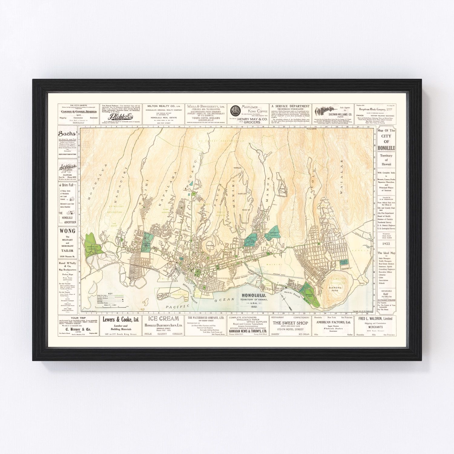Vintage Map of Honolulu, Hawaii 1922
