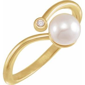 14K Yellow Gold Cultured White Akoya Pearl & .015 CT Natural Diamond Freeform Ring
