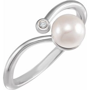 Platinum Cultured White Akoya Pearl & .015 CT Natural Diamond Freeform Ring