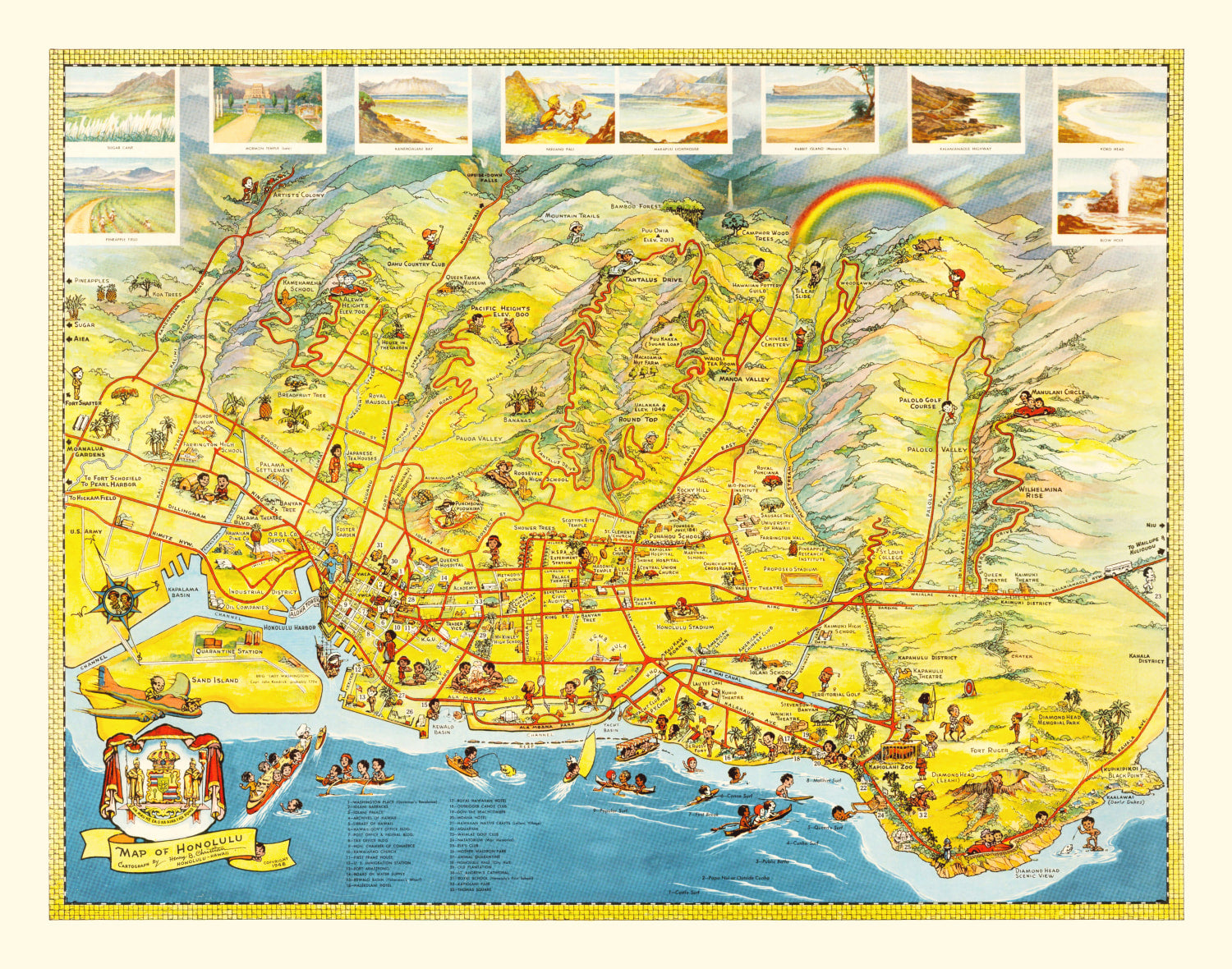 Vintage Map of Honolulu, Hawaii 1948