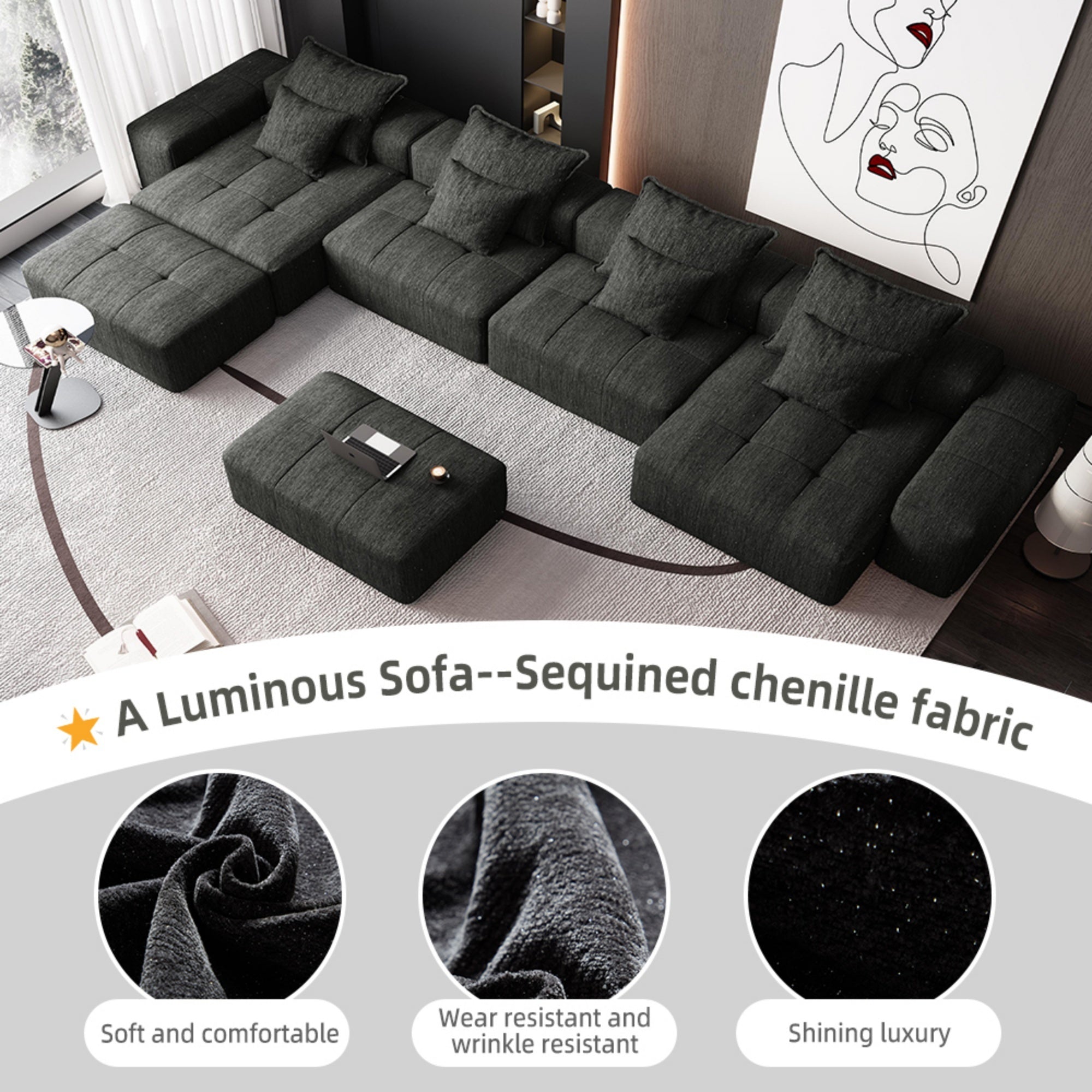 Modern Oversized Modular Sectional Sofa, Sparkling Chenille Fabric Soft Cushion Sofa with 8 Pillows, 8 PCS DIY Combination Tufted Sofa, No Assembly Required, BLACK