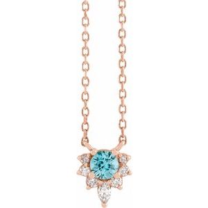 14K Rose Natural Blue Zircon & .08 CTW Natural Diamond 18" Necklace