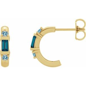 14K Yellow Gold Natural London Blue Topaz & Natural Aquamarine Hoop Earrings