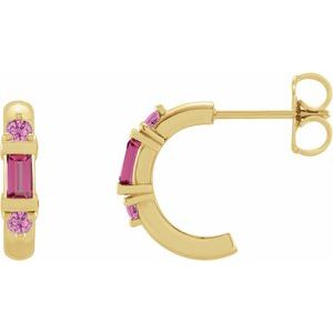 14K Yellow Gold Natural Pink Tourmaline & Natural Pink Sapphire Hoop Earrings