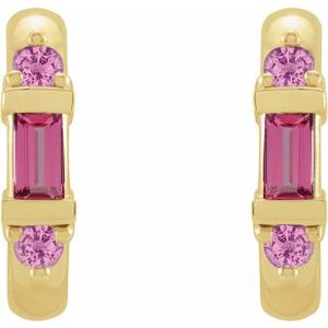 14K Yellow Gold Natural Pink Tourmaline & Natural Pink Sapphire Hoop Earrings