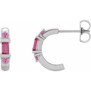 Sterling Silver Natural Pink Tourmaline & Natural Pink Sapphire Hoop Earrings