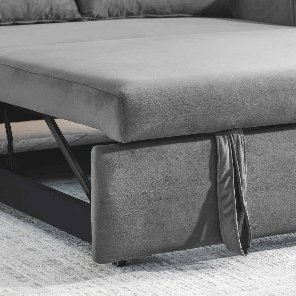 55' Modern Convertible Sofa Bed with 2 Detachable Arm Pockets, Velvet Loveseat Sofa with Pull Out Bed, 2 Pillows and Living Room Adjustable Backrest, Grid Design Armrests