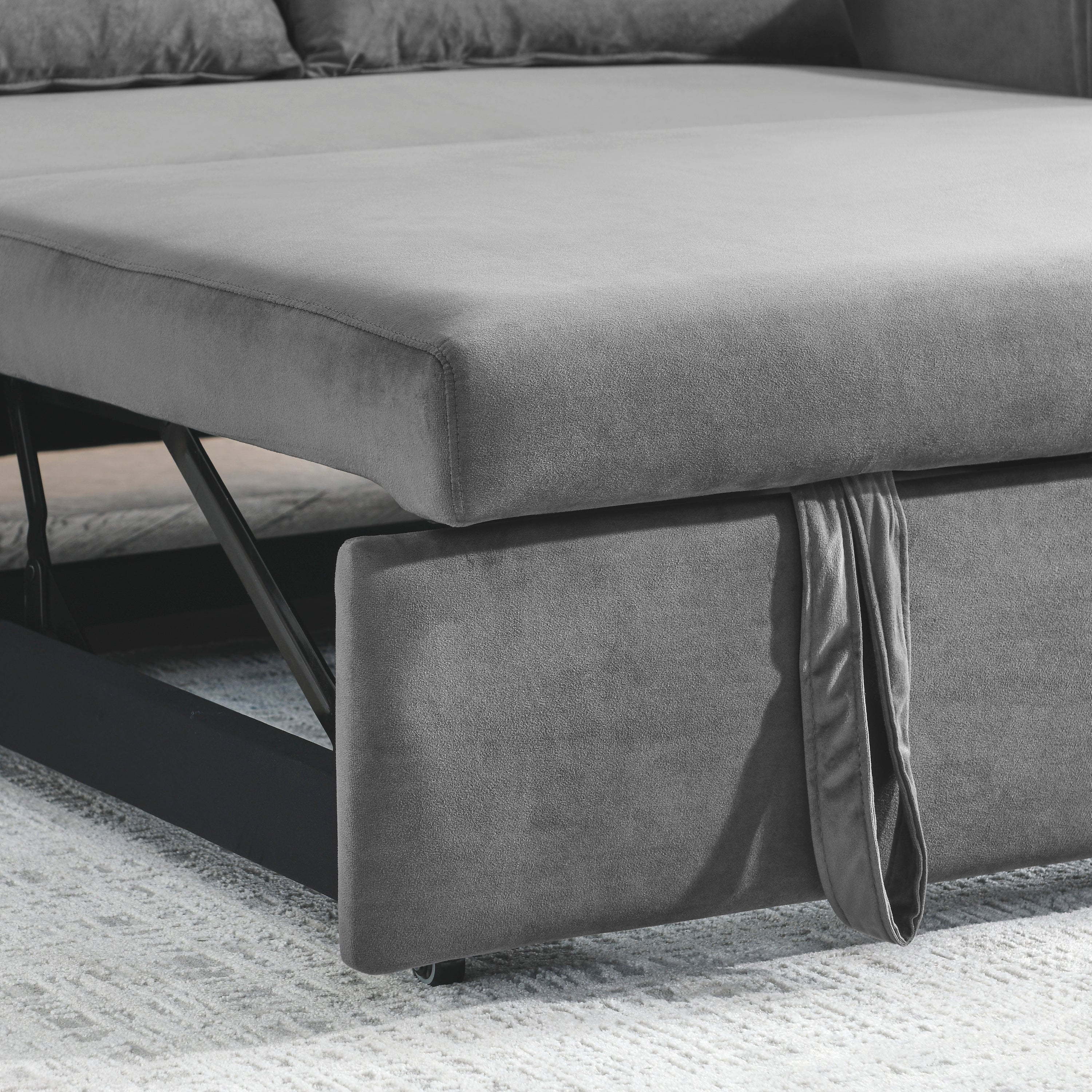 55' Modern Convertible Sofa Bed with 2 Detachable Arm Pockets, Velvet Loveseat Sofa with Pull Out Bed, 2 Pillows and Living Room Adjustable Backrest, Grid Design Armrests