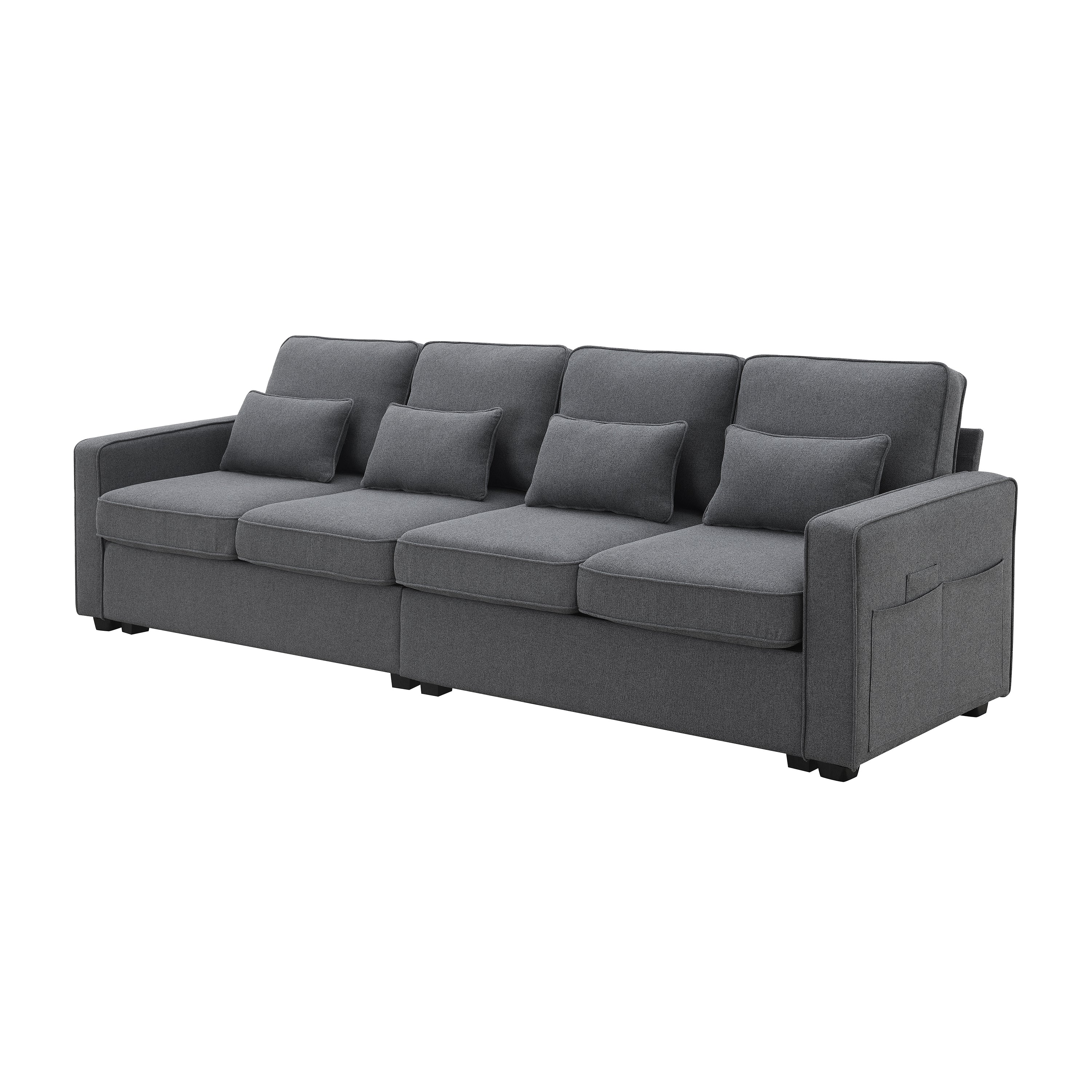 [VIDEO provided] [New] 104' 4-Seater Modern Linen Fabric Sofa with Armrest Pockets and 4 Pillows,Minimalist Style Couch for Living Room, Apartment, Office,3 Colors