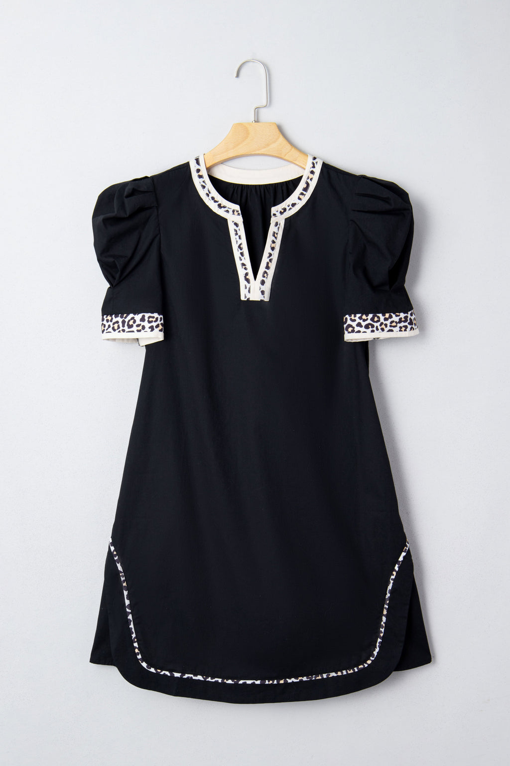 Leopard Trim Short Puff Sleeve Mini Dress