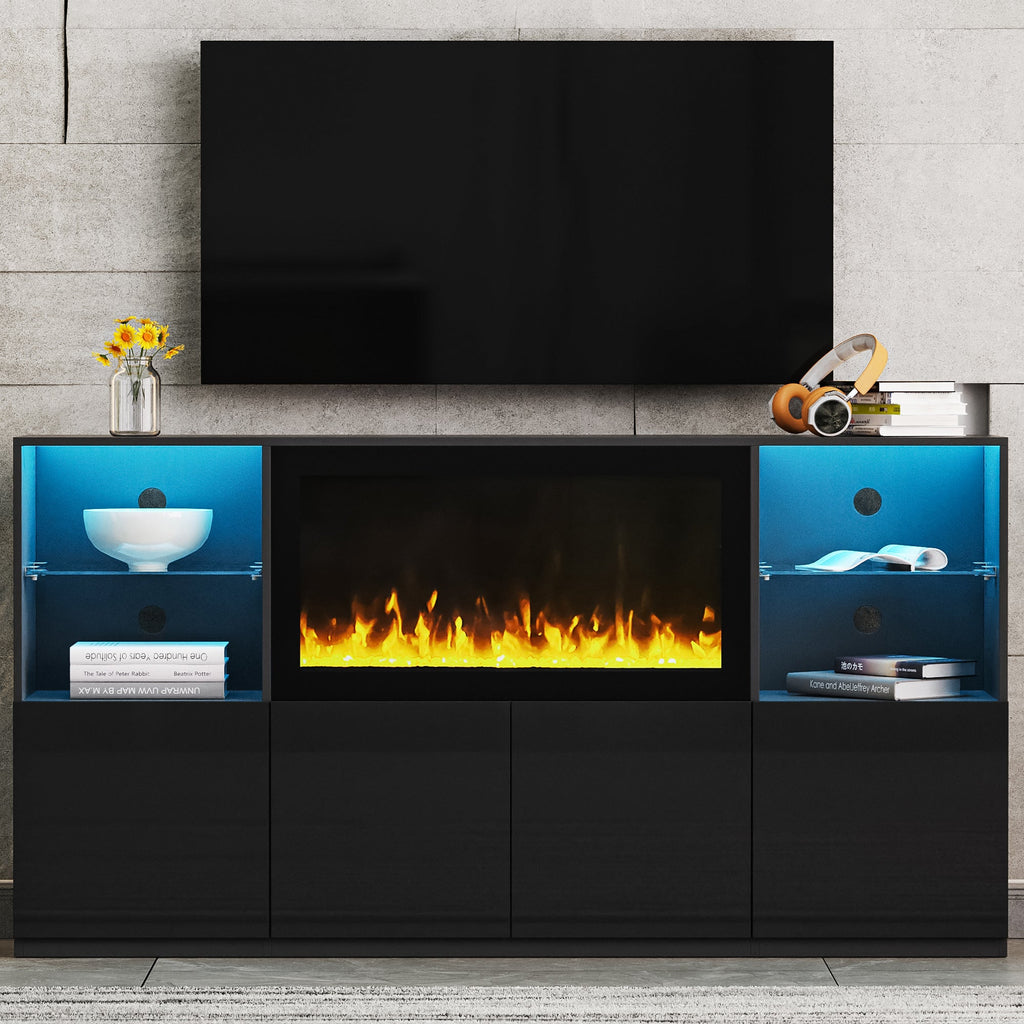 ON-TREND High Gloss TV Stand with 34.2' Non-heating Electric Fireplace, Modern Entertainment Center with LED Light, Media Console with Tempered Glass Shelves for TVs up to 75', Living Room, Black
